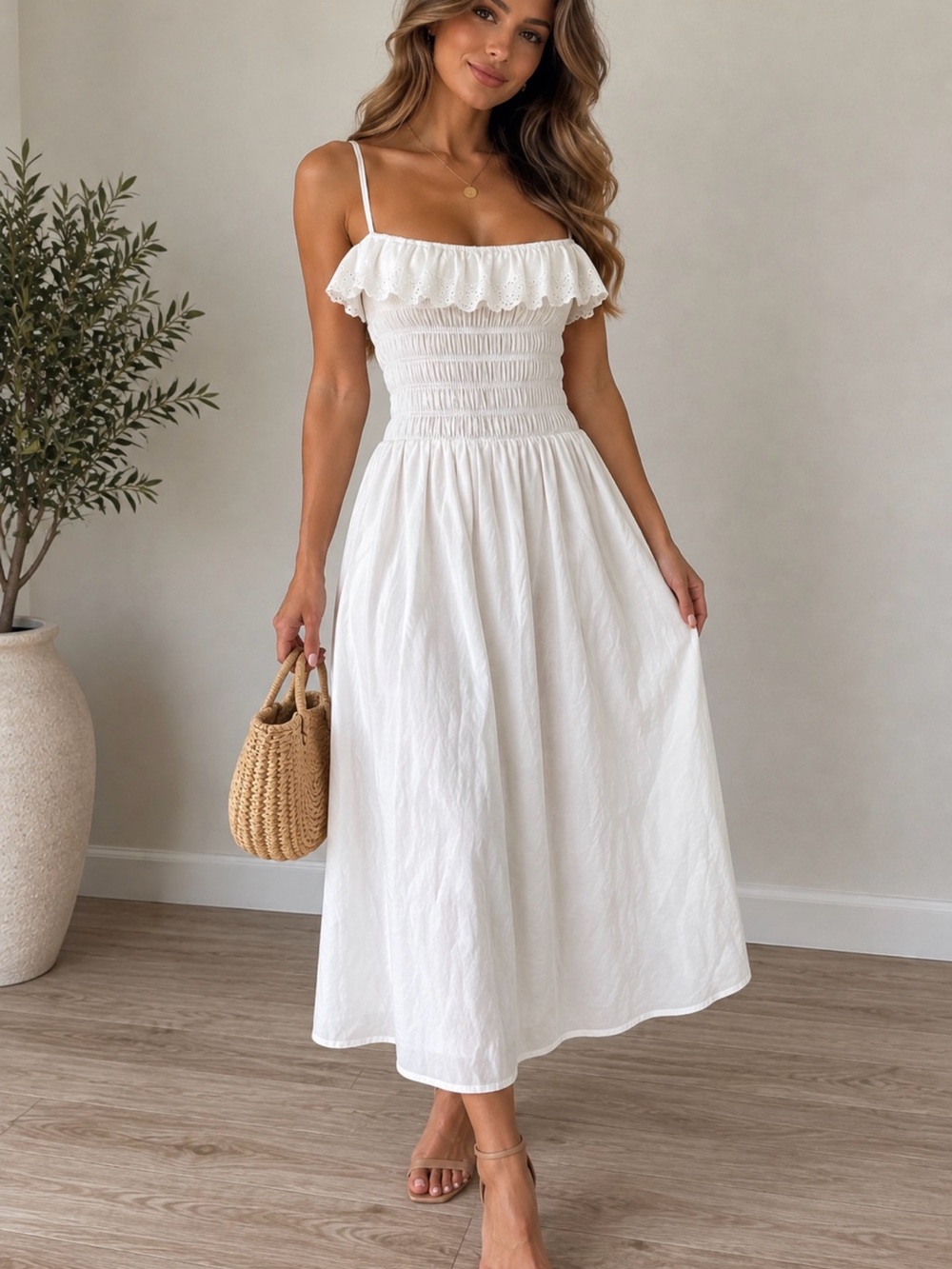 Wayf White Ruffle Smocked Midi Dress